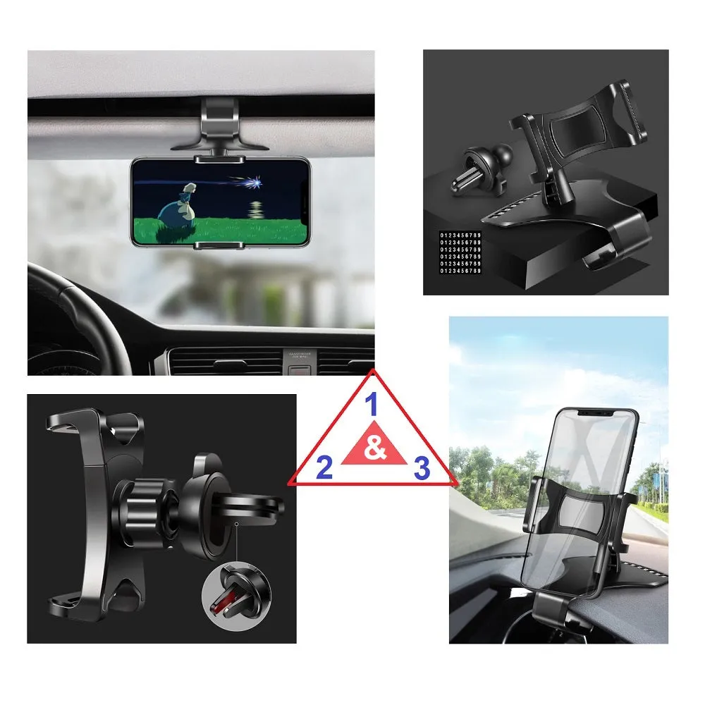 3 in 1 Car GPS Smartphone Holder: Dashboard / Visor Clamp   AC Grid Clip for MaxCom Smart MS453 - Black