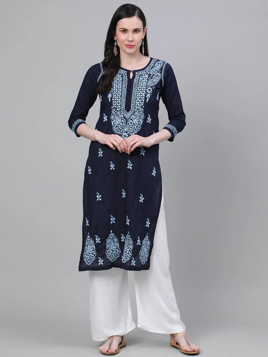 ADA Women Blue Chikankari Hand Embroidered Cotton Straight Sustainable Handloom Kurta