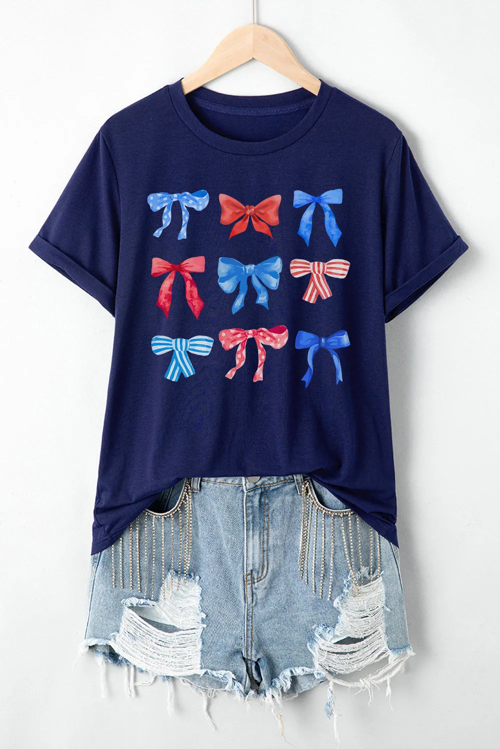 Blue Bow-Knot Print American Pride Graphic Tee