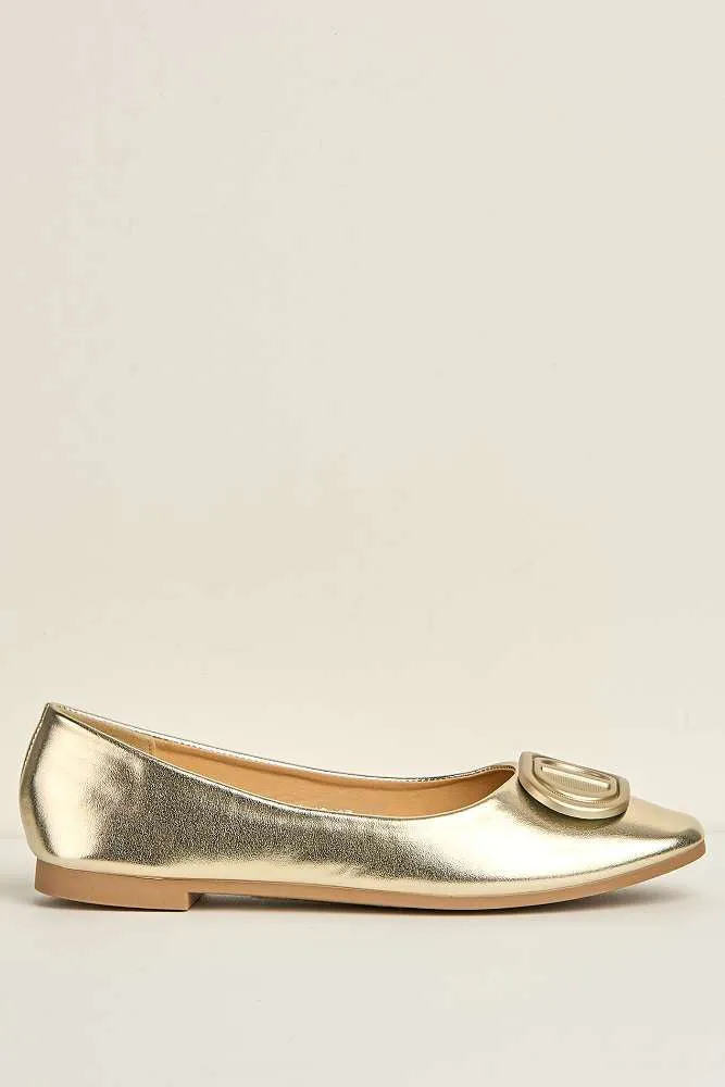 Dalia Monogram Detail Brooch Pumps in Gold