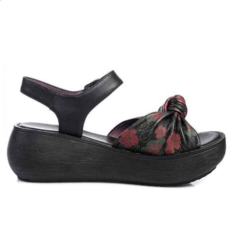 Handmade Retro Floral Platform Leather Sandals