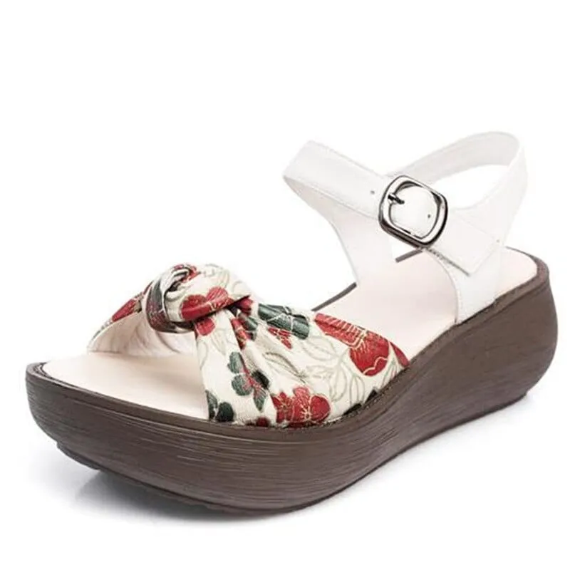Handmade Retro Floral Platform Leather Sandals
