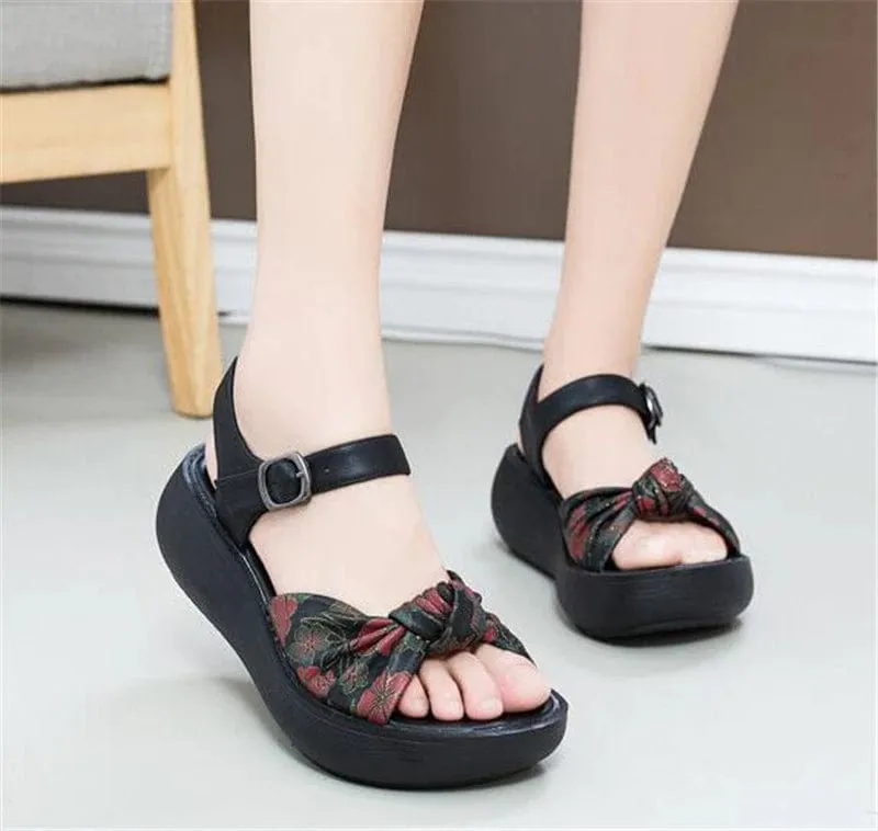 Handmade Retro Floral Platform Leather Sandals