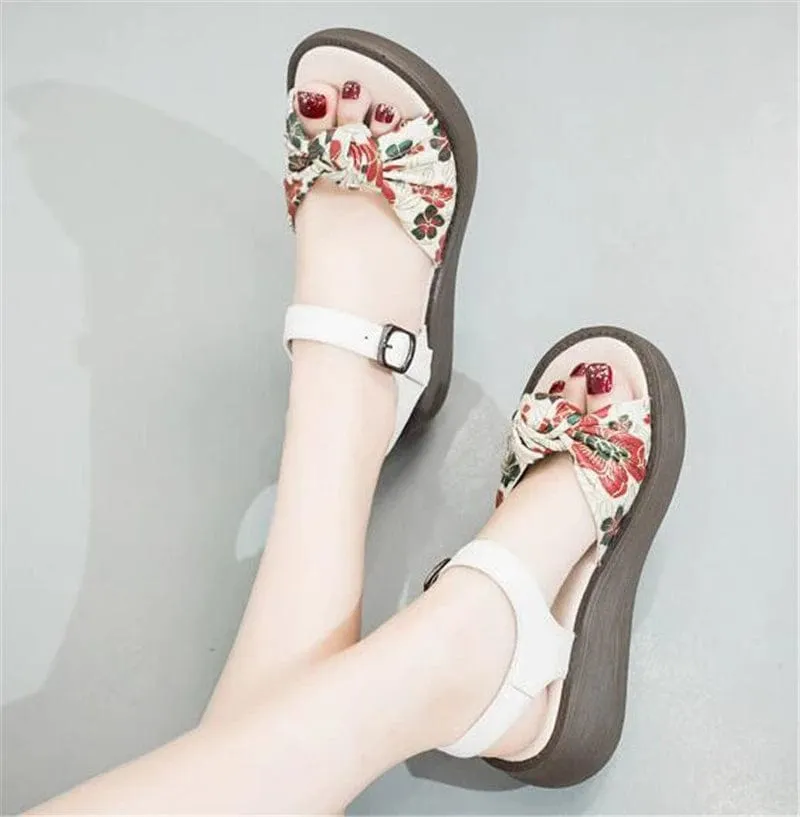 Handmade Retro Floral Platform Leather Sandals