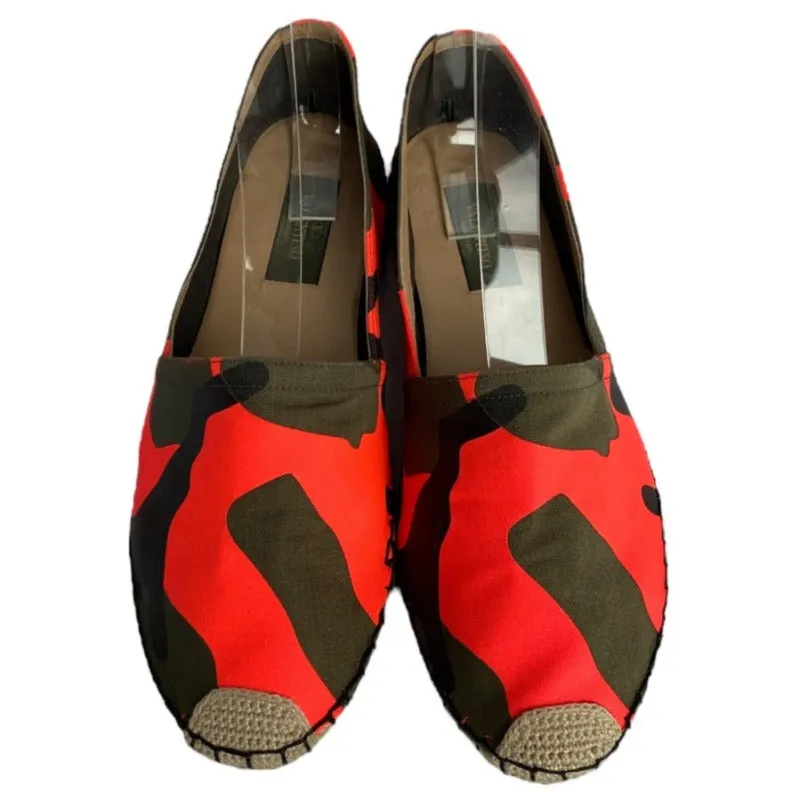 NEW VALENTINO GARAVANI Orange Camouflage Canvas Flat Espadrilles, Size 38