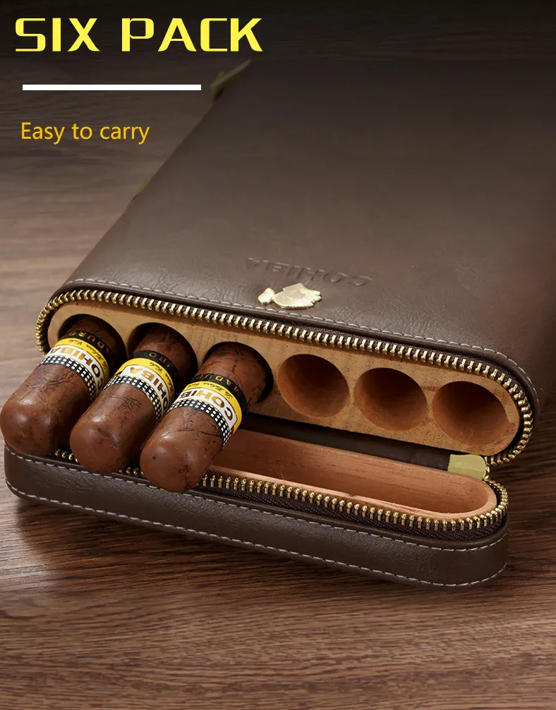 Portable Leather Cigar Case Humidor 6 Tubes Holder Mini Humidor Box Travel Cigars Accessories With Gift Box