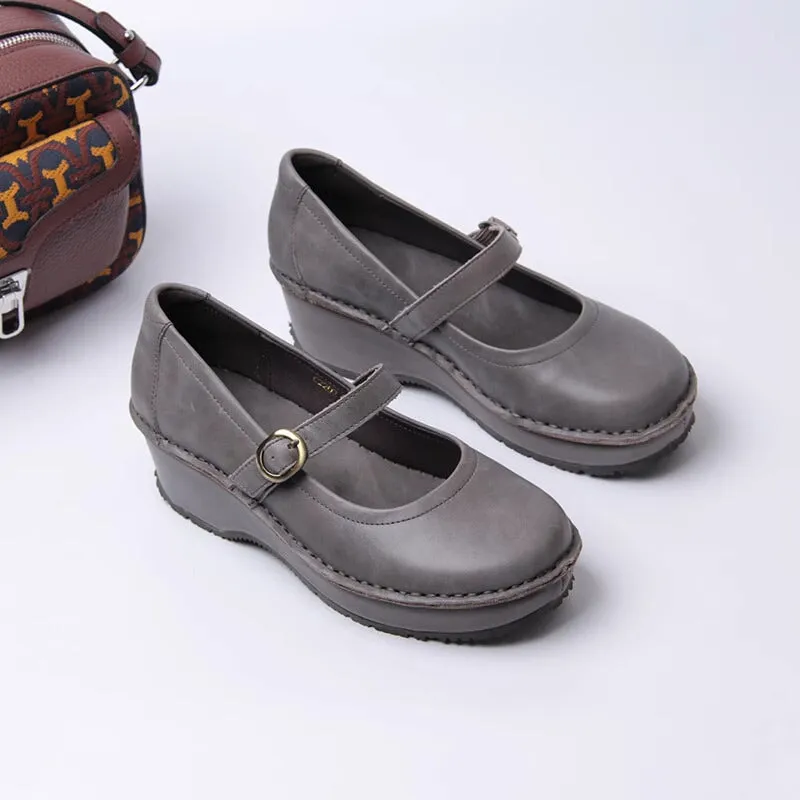 Retro Soft All Leather Platform Mary Jane Shoes In Beige/Black/Grey