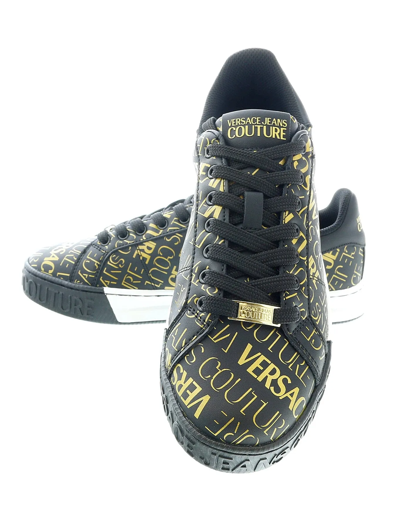 Versace Jeans Couture Black Gold All Over Signature Classic Court Sneakers-