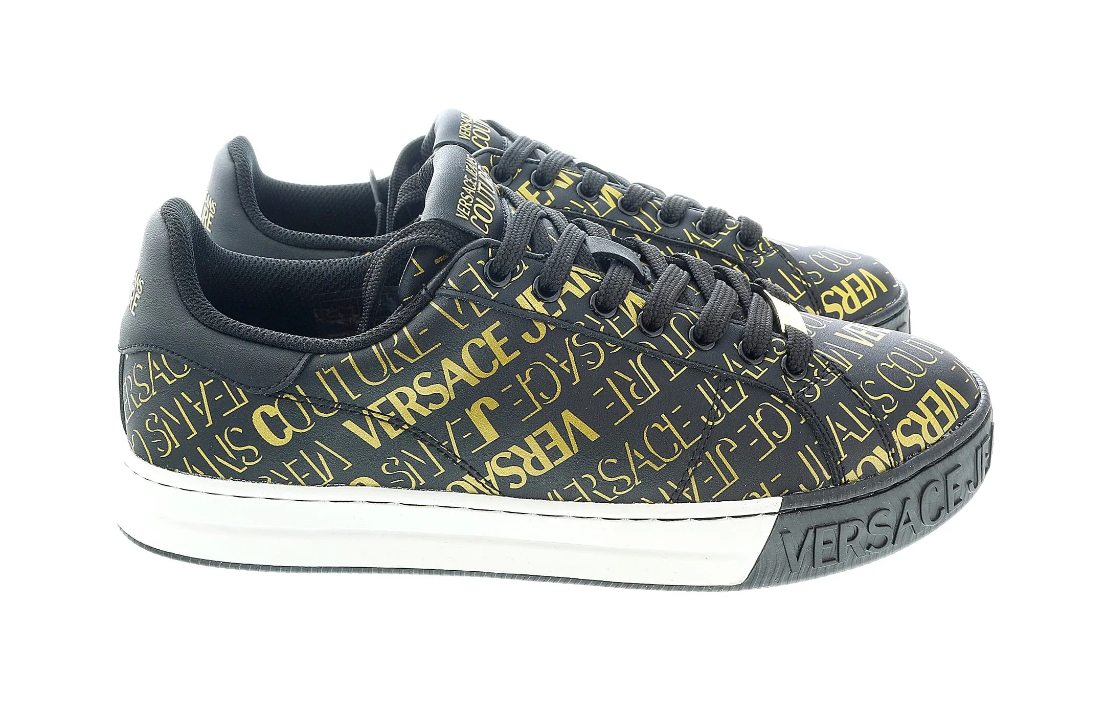 Versace Jeans Couture Black Gold All Over Signature Classic Court Sneakers-