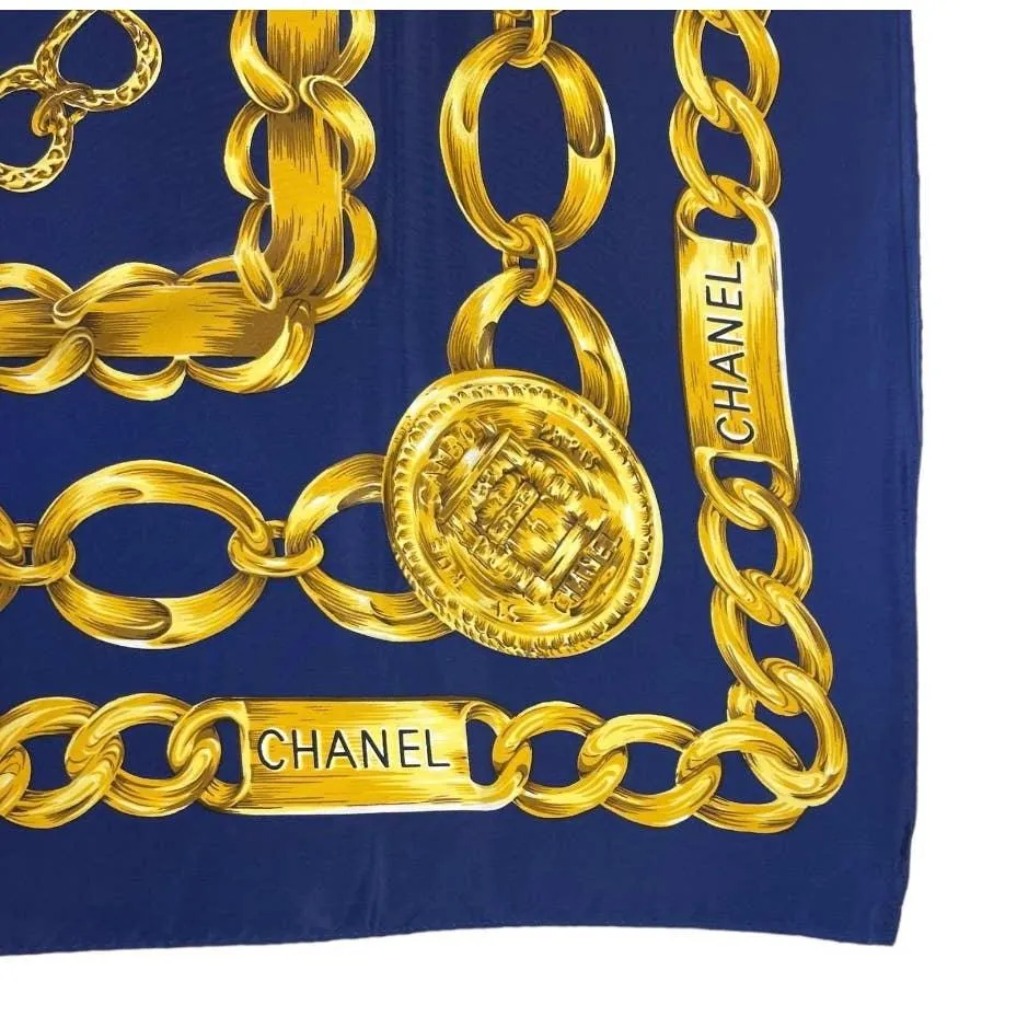 Vintage 90’s Chanel Silk Logo Scarf Chain Print Navy