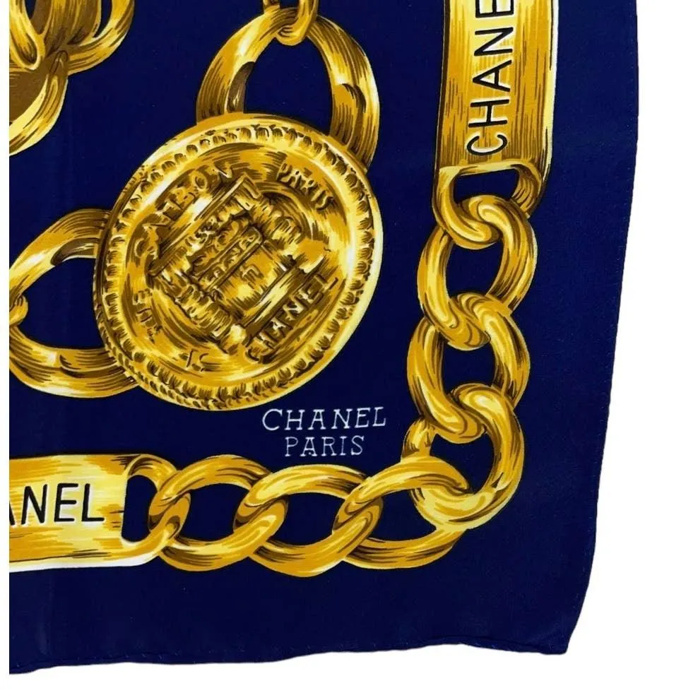 Vintage 90’s Chanel Silk Logo Scarf Chain Print Navy