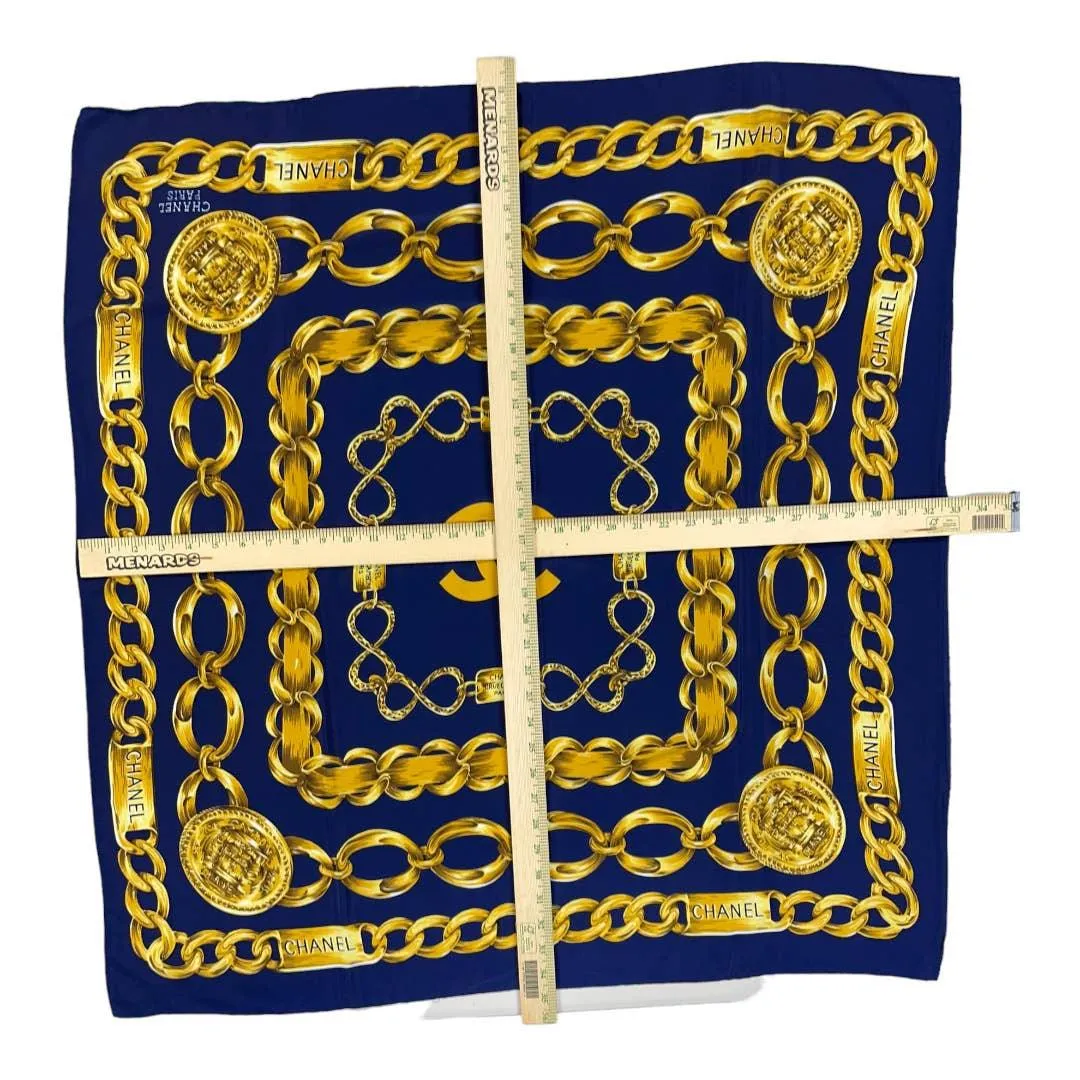 Vintage 90’s Chanel Silk Logo Scarf Chain Print Navy