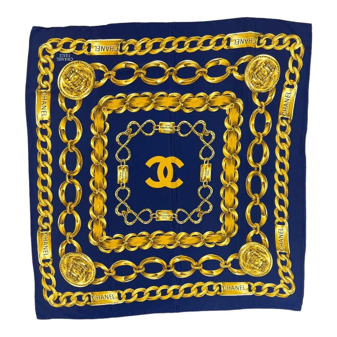 Vintage 90’s Chanel Silk Logo Scarf Chain Print Navy