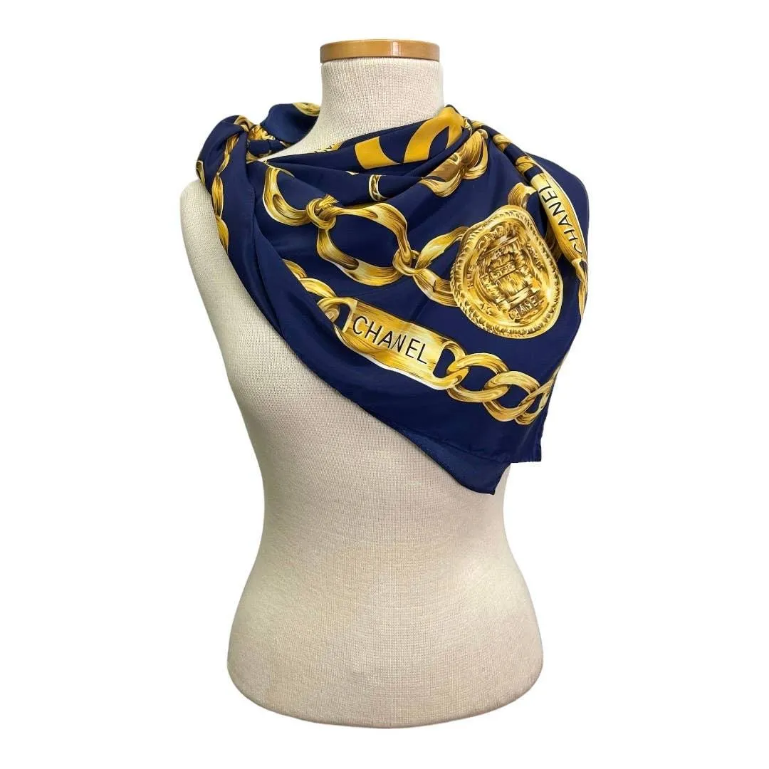 Vintage 90’s Chanel Silk Logo Scarf Chain Print Navy