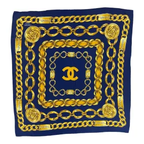 Vintage 90’s Chanel Silk Logo Scarf Chain Print Navy