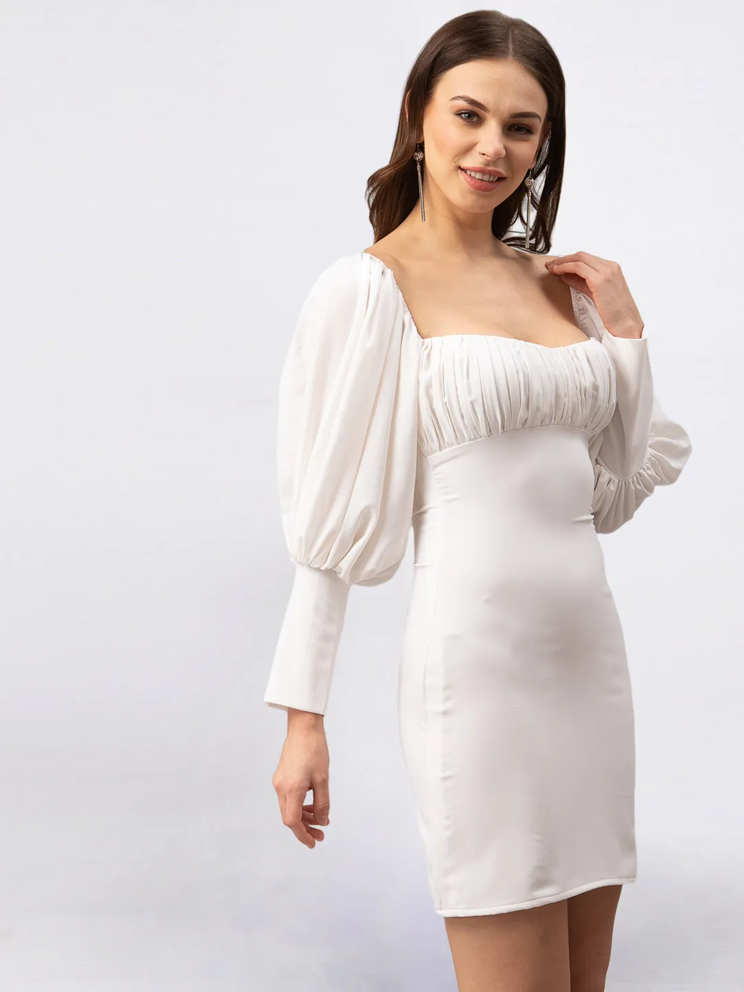 White Fitted Dress with Bishop Sleeves