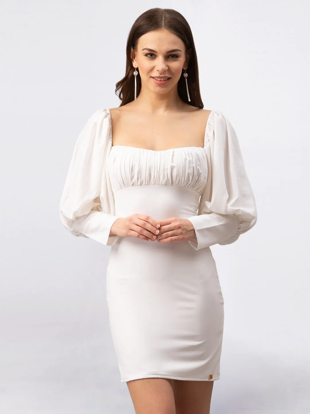 White Fitted Dress with Bishop Sleeves