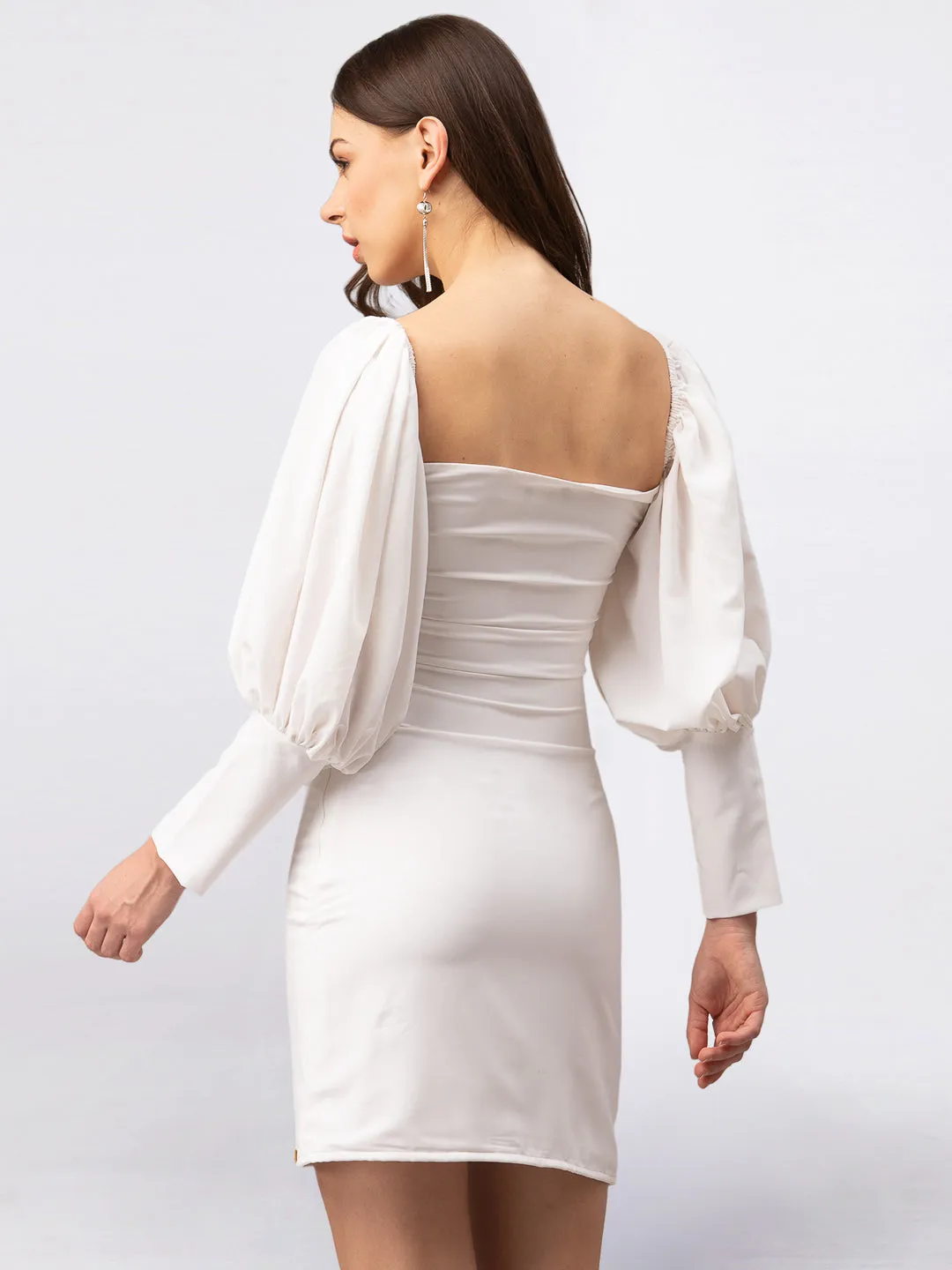 White Fitted Dress with Bishop Sleeves